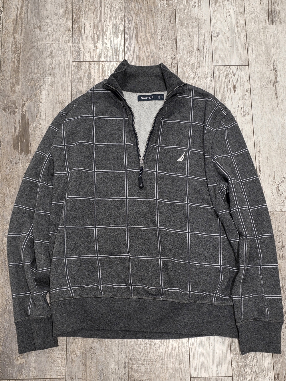 (M) Men's Nautica Quarter Zip Pullover Sweater Gray Grid Mock Neck Medium SOFT